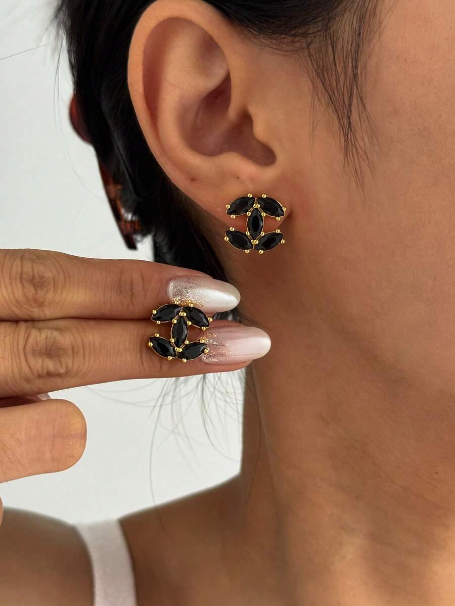 18K镀金珍珠吊坠耳环，优雅可爱，适合日常佩戴及各种场合。 - 黑色 - 查看 1