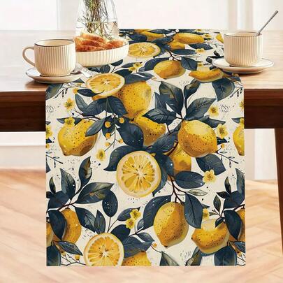 1 pieza Mantel/Camino de mesa con estampado de limón fresco, impresión entrelazada de fruta amarilla cálida y hojas verde oscuro, adecuado para sala de estar, comedor, decoración del hogar, todas las estaciones, festivales y fiestas
