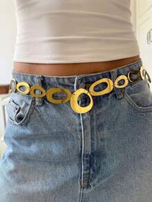 1pc Ins-Style Unique Geometric Asymmetrical Round O-Shaped Chain Body Chain, Versatile Hollow Splicing Waist Chain For Women, Minimalist Commuting Decorative Body Chain - Gold - View 3