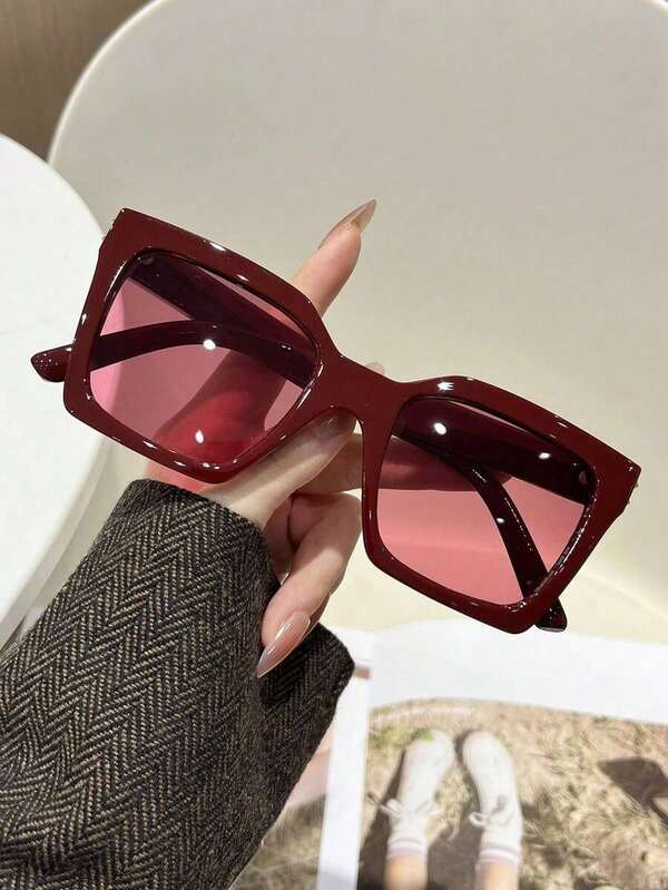 1 Pair Women's Burgundy Square Frame Fashion Glasses, Fashionable Beach Accessory