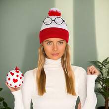 暖红色和白色“威利在哪里？”针织帽和无框眼镜，角色扮演游戏，节日派对礼物，冬季男女通用情人节圣诞帽 - 彩色 - 查看 2