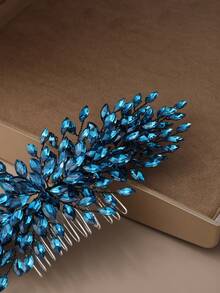 1pc Blue Crystal Leaf Hair Comb, Elegant Bridal Headpiece For Wedding, Prom, Party, Luxury Rhinestone Hair Accessory For Women,Summer,Beach - Blue - View 5