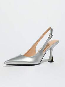 优雅女士凉鞋，猫跟，适合搭配母亲节夏季连衣裙，银色高跟鞋。新款夏季女士尖头高跟鞋，配有可调节踝带，闪亮漆皮银色凉鞋，时尚露趾无后跟系带高跟鞋，适合通勤、工作、度假、约会、派对、正式场合、毕业典礼等场合，优雅女士鞋履 - 銀色 - 查看 7