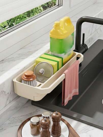1pc Sponge Drain Rack – Wall-Mounted, Multifunctional Kitchen Organizer | Condiment Storage With Drainage Basket | Suitable For Sink, Countertop, Or Wall Mounting | Kitchen Storage Shelf & Sponge Holder | Modern Kitchen Accessories