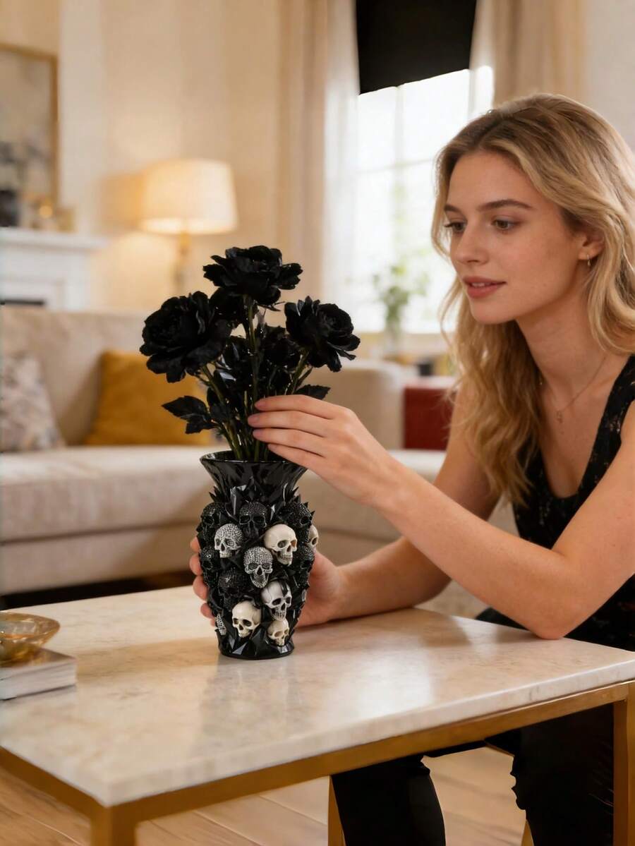 3D Embossed Skull Design Black Resin Vase, Suitable For Black Roses, Gothic Style Home Decor, Applicable For Bedroom, Living Room, Halloween Party Decoration, Unique Gothic Style Enthusiast Gift - A - View 1