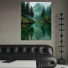 Framed 2D Plano, 2D Plano, 2D Plano 1 pieza, Enmarcado,  Paisaje de acuarela verde sereno, Impresión en lienzo, Representación abstracta de un lago y montañas en un estilo de pintura al óleo retro - 3G703G1490 - Enmarcado - Ver 4