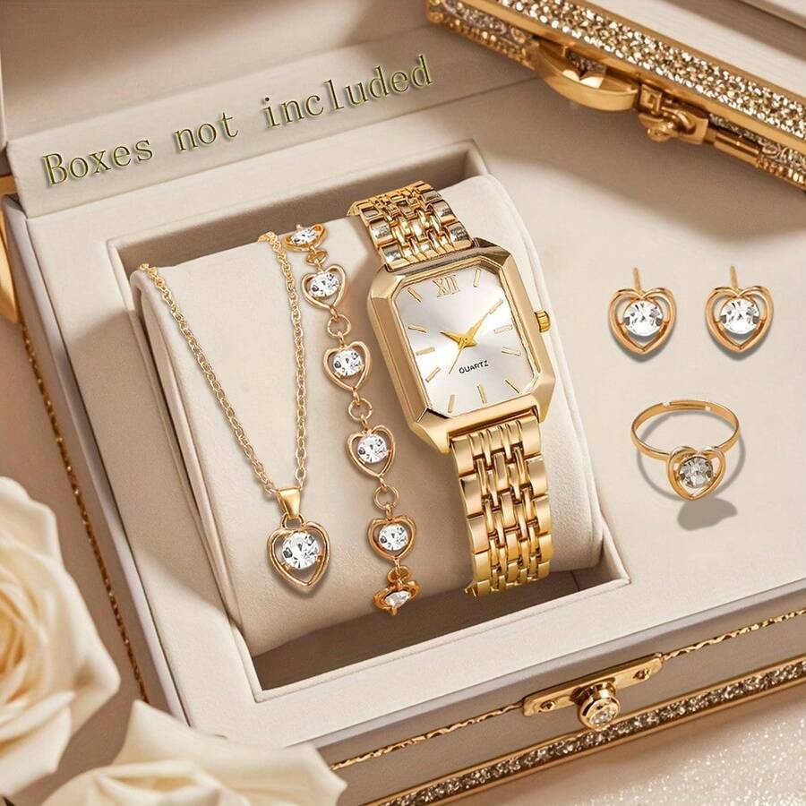 6pcs Elegant Women's Watch Gift Set, Fashionable Luxury Heart Jewelry Set With Palace-Style Quartz Watch, Classic Vintage Rectangular Dial, Comfortable Alloy Strap, Perfect Gift For Family And Friends, Ideal For Celebrating Holidays - White - View 1