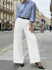 Women's White Wide Leg Pants, Fashionable Casual Trousers With Pockets - White - View 3