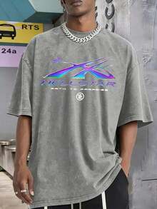 Men's Oversized Washed Graphic T-Shirt Hell Flame Star Silver Print Vintage Streetwear Tee | Exquisite Design |   Loose And Comfortable |   Easy To Match | - Grey 2 - View 2