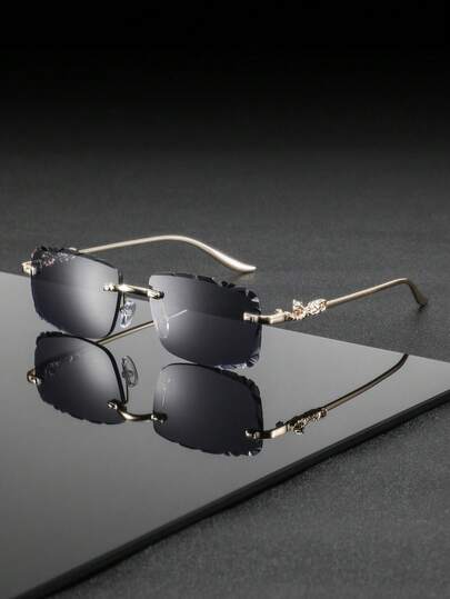 1 Pair Men's New Frameless Diamond-Edged Leopard Temple Decor Glasses, Luxury Elegant Classic Retro Versatile Fashion Eyewear