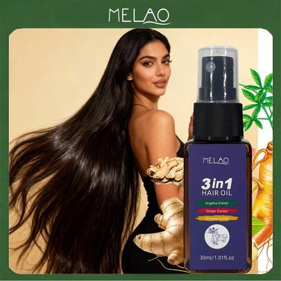  MELAO 三效合一护发油，蕴含当归、生姜和人参提取物，适用于干性及粗硬发质，滋养柔顺秀发，令秀发极致亮泽柔顺，30毫升/1.01液盎司