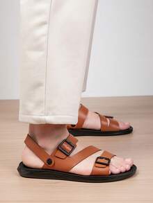 Men's Casual Hook And Loop Beach Sandals, Summer Fashion Beach Resort Style Flat Slippers With Classic Lines, Versatile - yellowish brown - View 7