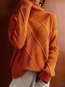 Plus Size Solid Color Turtleneck Long Sleeve Sweater, Autumn/Winter - Orange - View 2