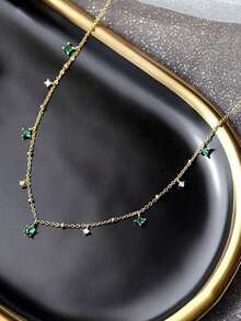 1pc Sparkling Green Zirconia Stone Necklace, Fashionable & Luxurious Unique Niche Design Delicate Clavicle Chain, Versatile For Daily Wear, Party And Gathering   Shop Thoughtful Gifts For Mom This Mother - Vàng - Xem 9
