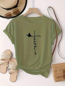The "Faith" Design Incorporates Christian Cross And Butterfly Pattern Prints, Which Are  And Fashionable. The Simple Round-Neck, Casual, Versatile Short-Sleeve Women's T-Shirt Is Suitable For Leisure, Travel, Vacations, And Other Activities. 915Summer Pure Cotton - màu xanh lá - Xem 5