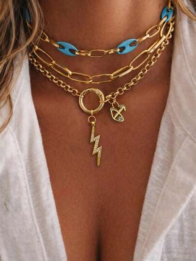 1pc Women's 12 Zodiac Sign Pendant Necklace, Featuring Smooth Gold-Tone Ring And Lightning Shaped Diamond Pendant Design, Elegant & Fashionable Versatile Accessory, Showcases Unique Personalized, Suitable For Daily Wear And Makes A Great Gift