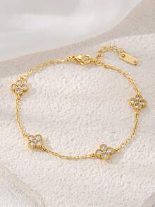 Set de 4 piezas de pulsera de acero inoxidable chapada en oro de 18K con diseño de trébol de cuatro hojas, adecuado para uso diario de mujeres, regalo de boda y ocasiones especiales - Juego de 4 piezas - Ver 7
