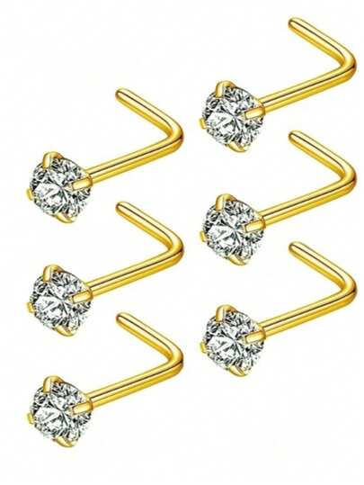 Bộ 6 khuyên mũi bằng thép không gỉ, khuyên mũi đính đá thời trang, trang sức mũi hình chữ L 20G dành cho cả nam và nữ, đường kính 3mm.