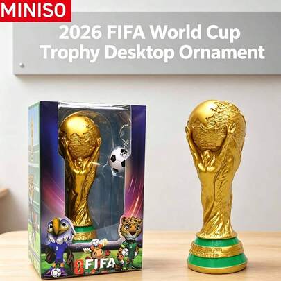  MINISO - 2026 FIFA World Cup Trophy Desk Decor, Made Of Premium PVC Material, Comes In Deluxe Gift Box With Mini Soccer Ball Keychain, World Cup Collectible, Perfect Party Gift For Football Fans