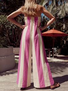 Dual-Color Patchwork Halter Sexy Jumpsuit Wide Leg Pants, Loose Jumpsuit, Elegant For Vacation, Photography, Casual, Commuting, New Arrival Summer - Pink - View 3