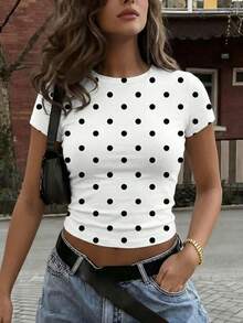 Mystra Women's Solid Color Round Neck Short Sleeve Pleated Casual T-Shirt, Summer - Black and White - View 3