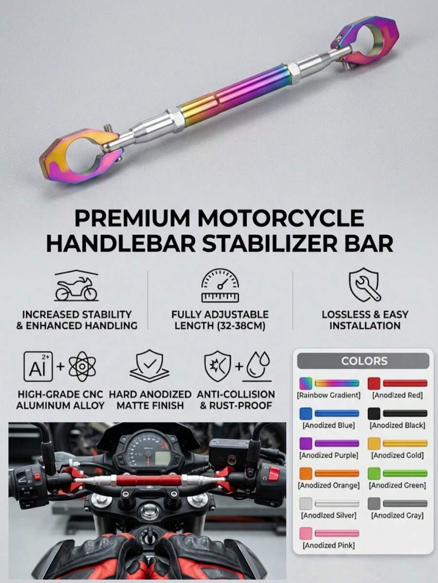 Barra de refuerzo para manillar de motocicleta - Solución de modificación de vehículo todoterreno de alta resistencia, con barra de refuerzo roscada de ingeniería de precisión CNC, resistente y duradera, barra estabilizadora ajustable - A - Ver 1