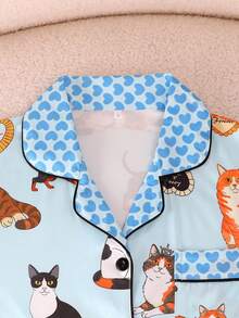 Set de 2 piezas de pijama de manga corta transpirable para verano, ropa de dormir para mujer, camiseta abotonada con cuello y pantalones cortos de cintura elástica, adecuado para todas las estaciones, estampado casual de perro y gato, diseño con ribete de contraste - Multicolor - Ver 5