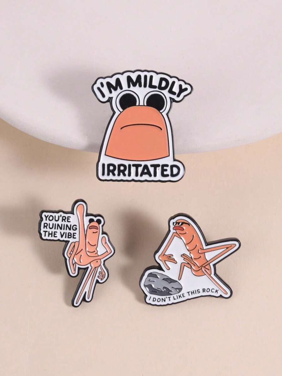 3件組趣味迷因蝦琺瑯胸針 Mildly Irritated Ruin Vibe Don't Like Rock 領口胸針禮物