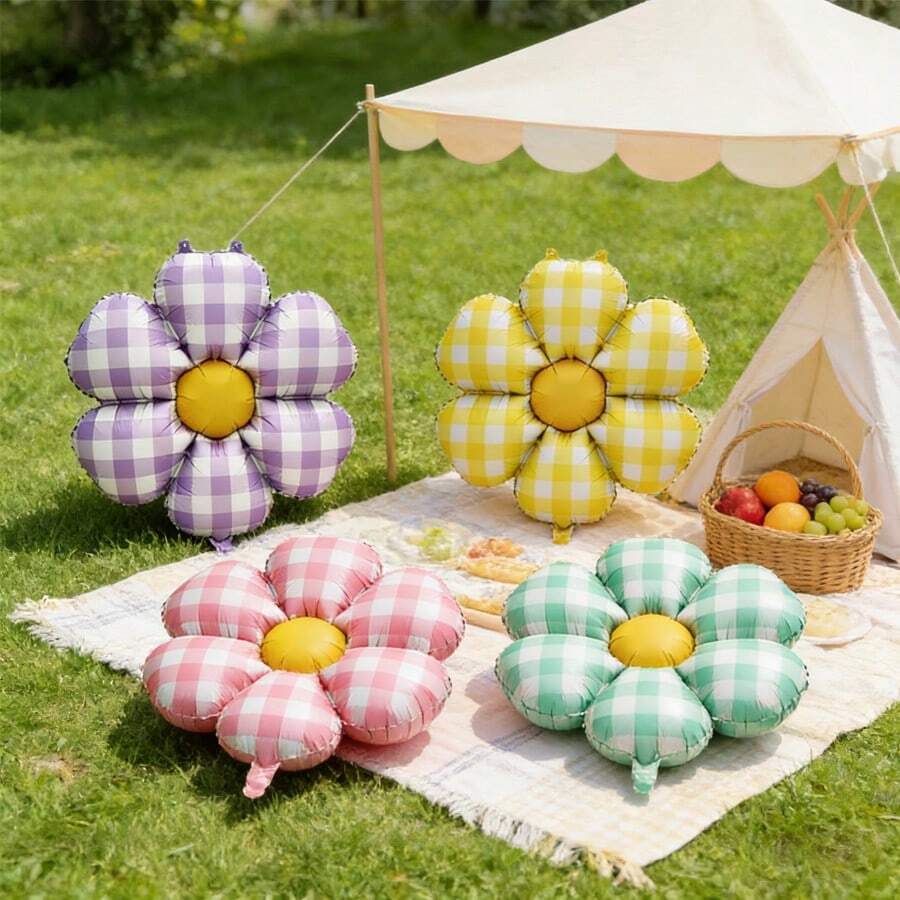 4个哑光格子雏菊铝箔气球，适用于婚礼、春季派对、生日派对、母亲节、夏季派对、毕业典礼装饰和拍照道具 - 查看 1