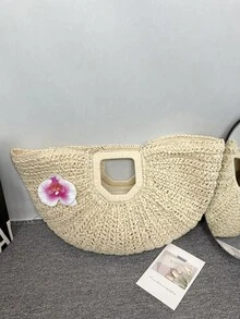 1 chiếc túi xách tay cỡ lớn bằng rơm đan, hình bán nguyệt, thích hợp cho du lịch, mua sắm hàng ngày và đi chơi. - Màu be - Xem 7