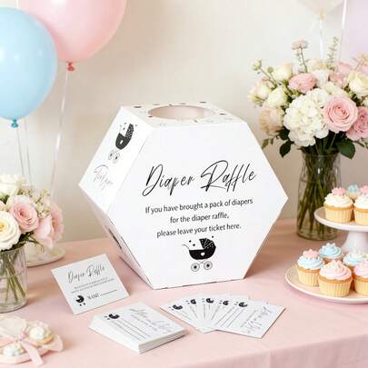 1 hộp bốc thăm tã bỉm cho tiệc mừng em bé, hộp lục giác màu trắng trung tính kèm vé, đồ dùng tiệc trung tính về giới tính, hộp đựng thiệp chúc mừng em bé, trò chơi bốc thăm tã bỉm và lời khuyên, đồ trang trí tiệc mừng em bé.