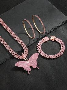 粉钻蝴蝶链套装，3件套嘻哈项链手链耳环首饰套装（女士） - 蝴蝶項鍊套裝 - 查看 8