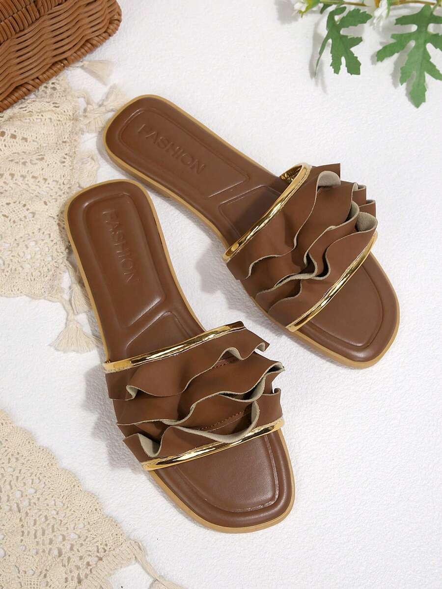 New Fashion Square Toe Flat Sandals For Women - Brown - View 1