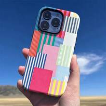 Funda de película con diseño de patrón de empalme único a rayas, diseño de moda de dos en uno, resistente, caso de doble capa a prueba de caídas, compatible con iPhone 17, 16, 15, 14, 13, 12, 11, 8, 7, X, XS, XR, Plus, Air, Pro, Max, Mini, SE2, SE3, perfecta nueva - Multicolor 1 - Ver 3
