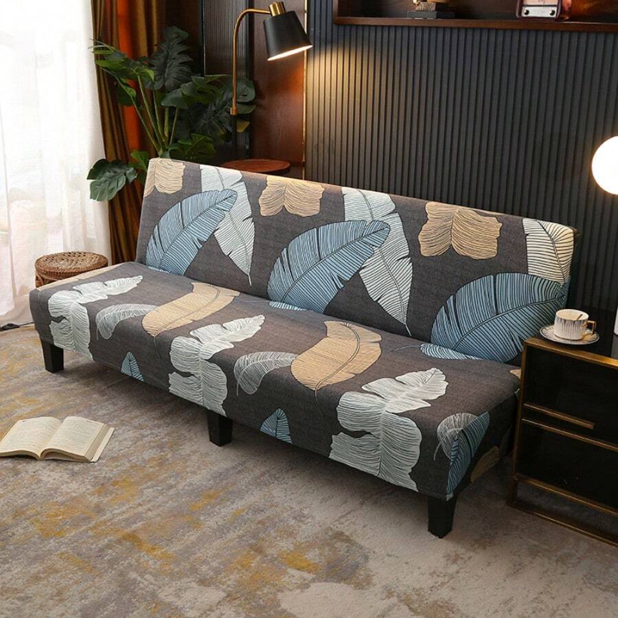 1 bộ bọc ghế sofa giường không tay vịn, chất liệu polyester co giãn, co giãn toàn bộ, dệt kim từ lụa sữa, phù hợp cho mọi mùa. - Xám - Xem 1