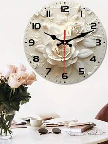 [Detailed Craftsmanship] Elegant Silent Wall Clock With White Rose & Butterfly Design - Wood Veneer, Round & Flat - Ideal For Living Room, Bedroom, Kitchen - Perfect For Outdoor Parties & Holiday Gifts - AA Battery Operated (Battery Not Included) - A - View 1