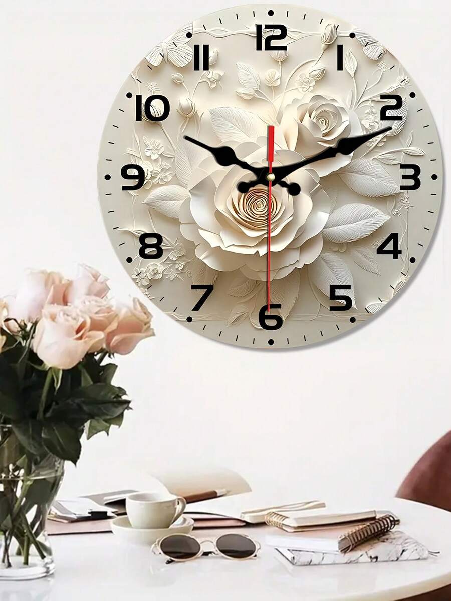 [Detailed Craftsmanship] Elegant Silent Wall Clock With White Rose & Butterfly Design - Wood Veneer, Round & Flat - Ideal For Living Room, Bedroom, Kitchen - Perfect For Outdoor Parties & Holiday Gifts - AA Battery Operated (Battery Not Included) - A - View 1