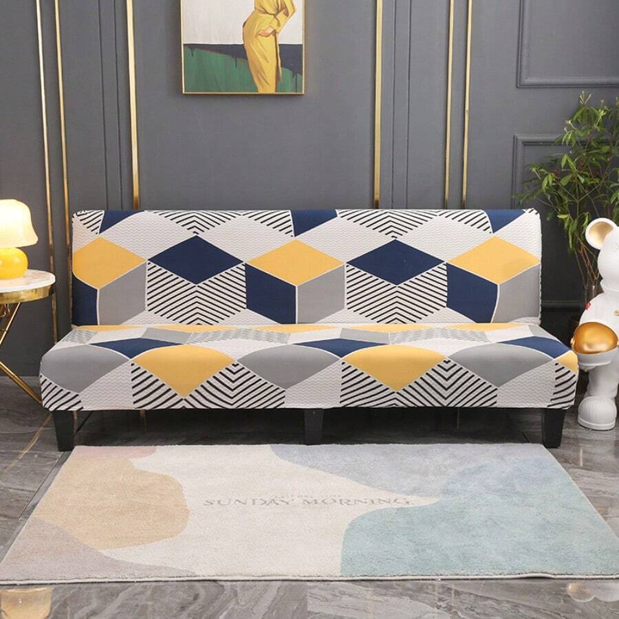 Ga phủ ghế sofa giường họa tiết hình thoi, có chân váy và chun co giãn, chất liệu sợi polyester dệt kim, lụa sữa, phù hợp cho mọi mùa. - Màu vàng - Xem 1