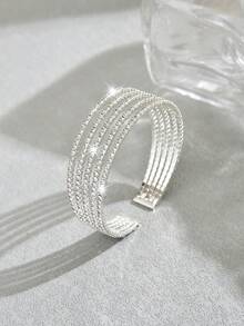 Brazalete de múltiples capas con cristales de strass, elástico y ajustable. Accesorio elegante, de moda y versátil al estilo europeo y americano - Plateado - Ver 5