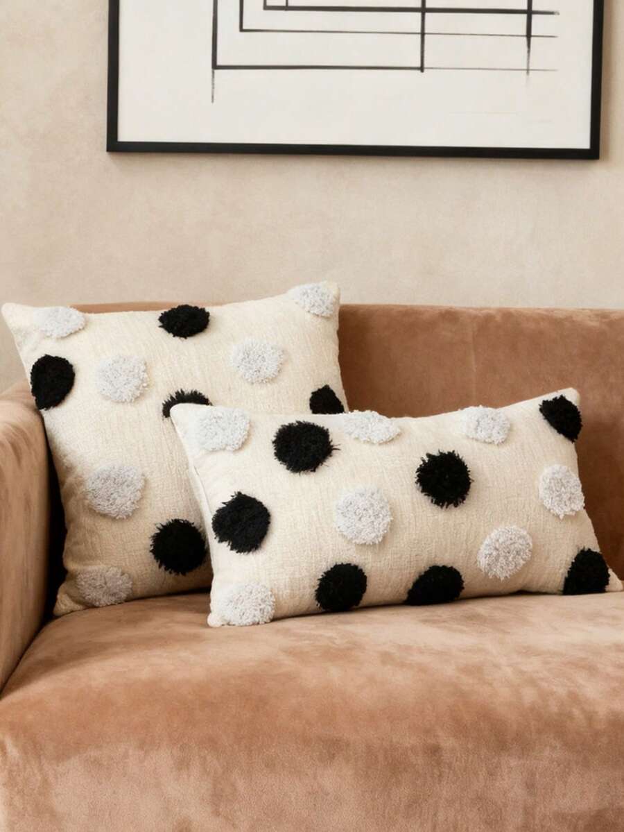 1个/2个黑白波点极简抱枕套，腰枕套，17.7*17.7英寸（45*45厘米）/11.8*19.6英寸（30*50厘米），雪尼尔面料，毛绒工艺，适用于沙发、客厅、卧室、汽车、办公室、酒店、家居装饰，是馈赠亲友的完美礼物，四季皆宜，不含枕芯 - 黑與白 - 查看 1