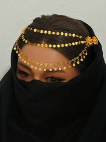 1件阿拉伯风格镀金花卉亮片多层流苏头链，女士婚礼派对节日度假发饰 - 金黃色 - 查看 4