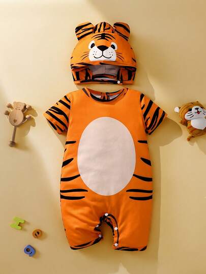 Set de 2 piezas de pelele de manga corta con estampado de tigre + gorro para bebés niños/niñas, con expresión de tigre linda, tela con estampado de tigre, pelele de manga corta y pantalones cortos, incluye gorro con patrón 3D de tigre, adecuado para primavera/verano