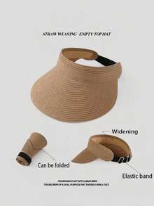 二合一女士时尚草编遮阳帽，宽檐可卷可折叠夏季沙滩帽，度假必备 - 彩色 - 查看 2