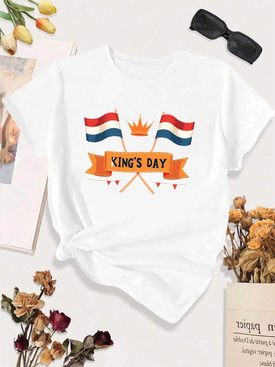 T-shirts d'été : T-shirt de sport décontracté grande taille pour femme, orné de drapeaux pour la Fête du Roi. T-shirt en coton, t-shirt homme, collection été homme. - Blanc - Voir 1