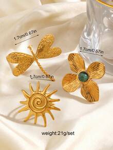 3pcs/Set Stainless Steel Fashion Dragonfly & Flower Decor Rings Set, Suitable For Women Daily, Travel, Shopping, Party Wear - Multicolor - View 2