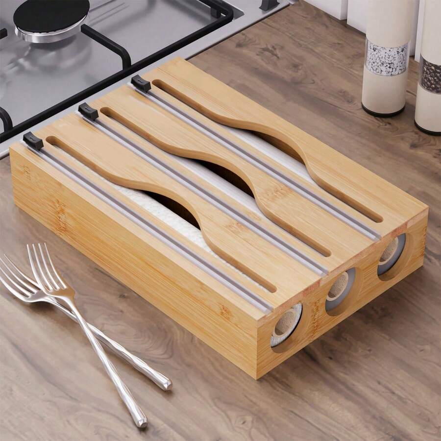 Bamboo Wrap Cutter, Kitchen Food Packaging Organizer, Sliding Cutter Won't Hurt Hands, Tidy Countertop Storage Solution, Packaging Holder - Khaki - View 1