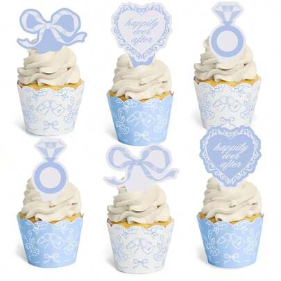 24 cái/48 cái, Viền và trang trí bánh cupcake màu xanh nhạt cho đám cưới, Giấy gói và trang trí bánh cupcake màu xanh pastel chủ đề "Hạnh phúc mãi mãi", Trang trí bánh cupcake hình nơ nhẫn kim cương theo chủ đề Bờ Tây, Thích hợp cho tiệc cô dâu, tiệc đính hôn, đồ dùng đám cưới và trang trí tiệc độc thân.