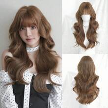 NAMM Peruca Longa Ondulada Marrom de 24 Polegadas para Mulheres, Peruca Encaracolada Volumosa com Franja, Fibra Sintética Cabelo Completo Máquina Perucas de Fantasia para Uso Diário no Escritório - Festa de Festival de Música - Fantasia Cosplay - Celebrações de Sakura Glam & Party Streetwear Fotografia - Acessórios de Peruca Presente para Meninas - Castanho - Visão 12