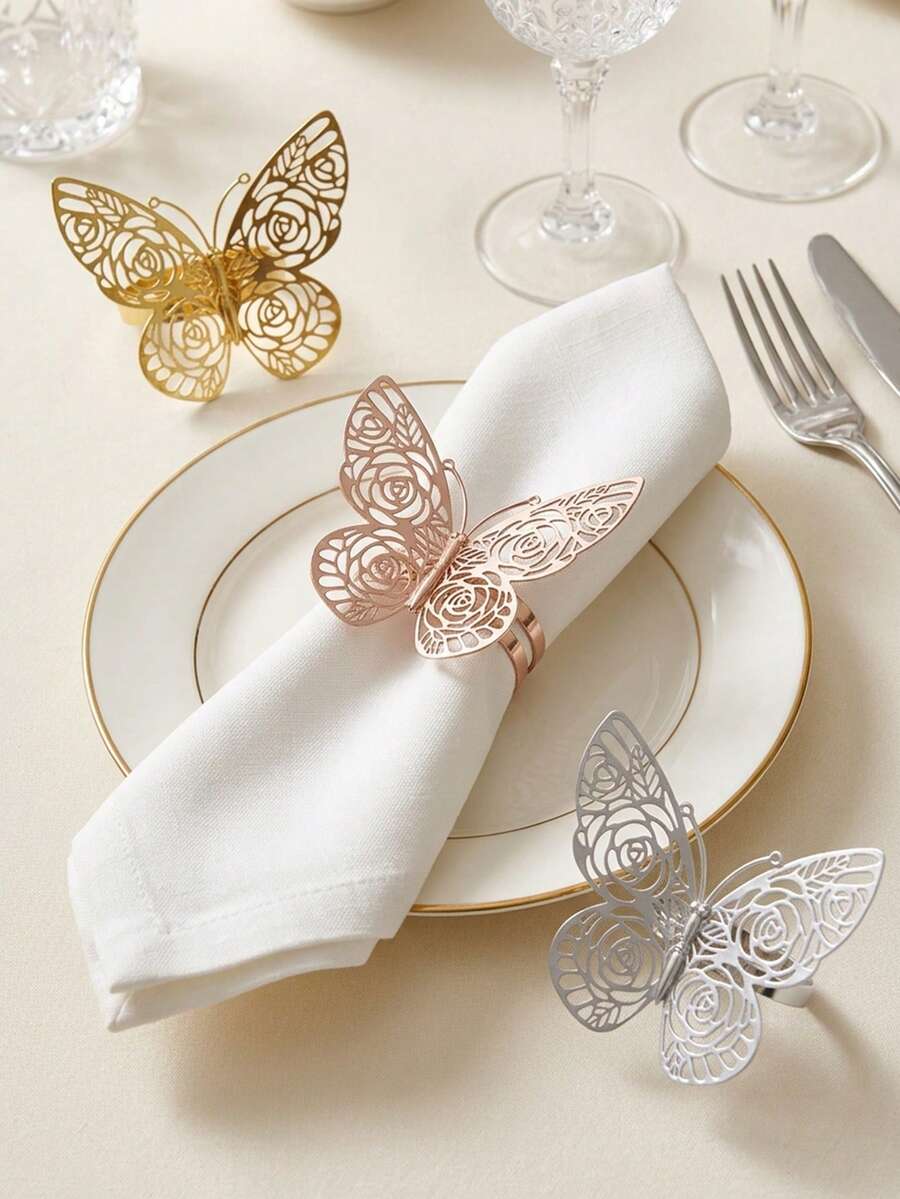10/30pcs Rose & Butterfly Laser Cut Paper Napkin Rings, Elegant & Beautiful, Suitable For Dinner Dates, Weddings, Parties, Banquets, Tablescapes, And Restaurant Celebrations