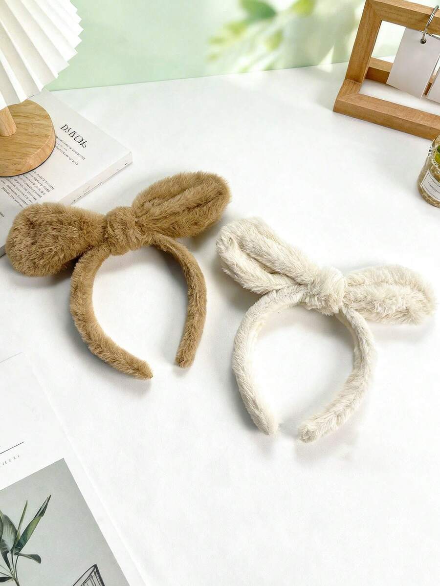 2 chiếc băng đô tai thỏ bông mềm mại, băng đô tai thỏ nhung dễ thương cho bé gái, phụ kiện tóc đa năng dùng hàng ngày, không gây bết tóc. - Cà phê + Trắng - Xem 1